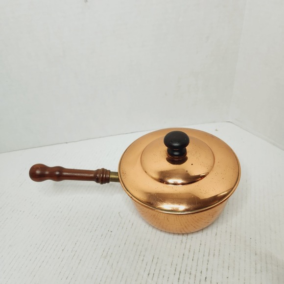 BONGUSTO Copper Sauce Pan/Pot Lid ITALY 7" Dia Covered Cooking TinLined VTG Wood - Picture 2 of 16